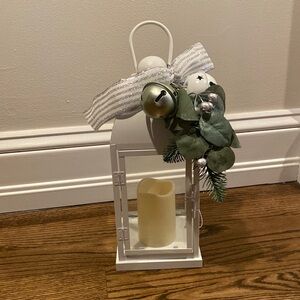 NWT! White lantern with led candle and decorative greenery/bells (removable)